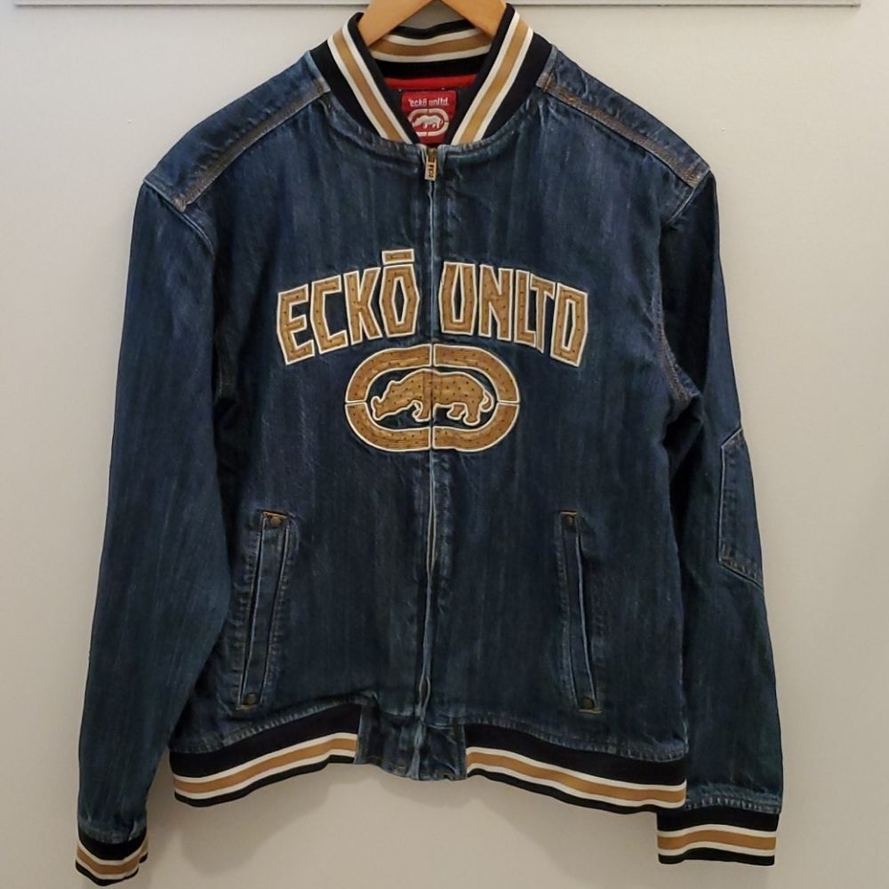 Ecko UNLTD Vintage Denim Varsity / Bomber Jacket Size Large